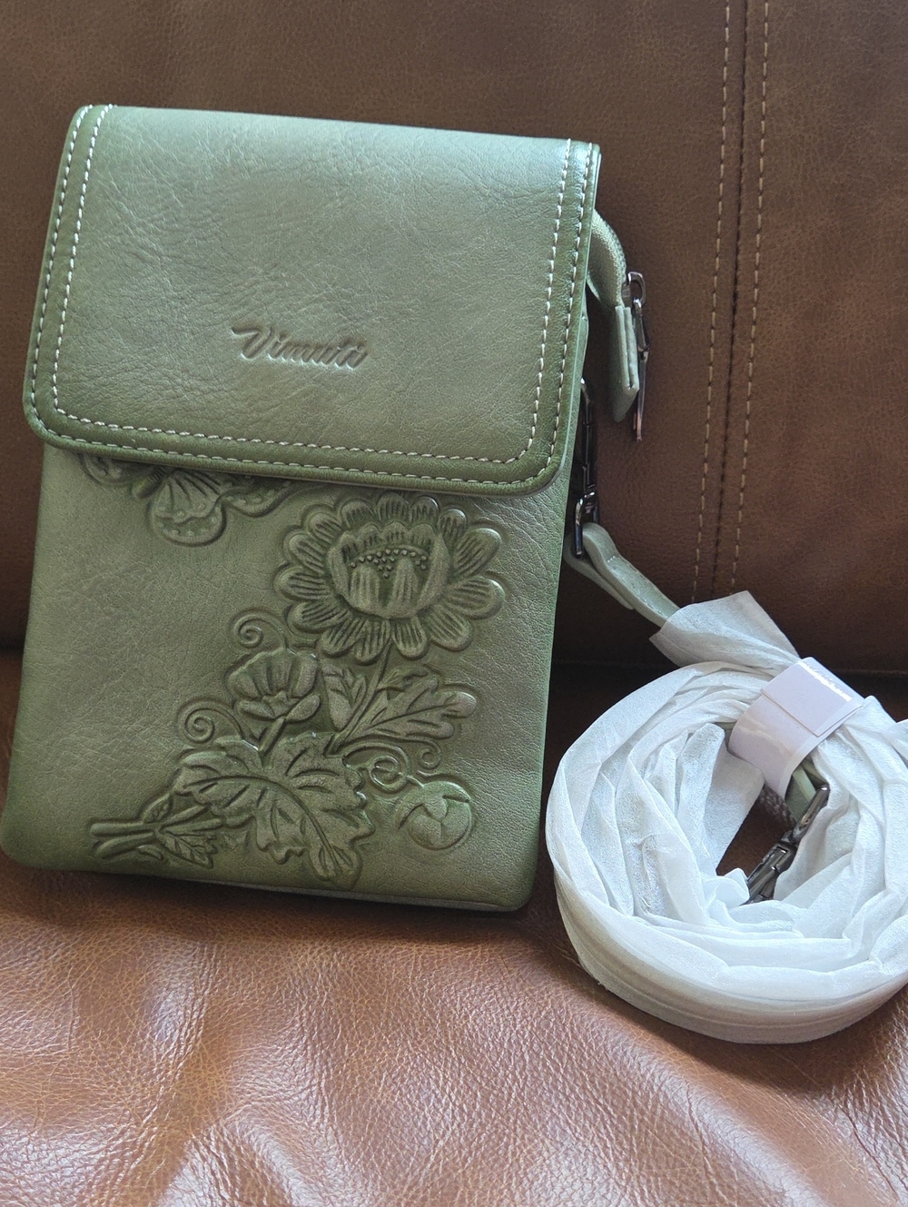 Green Floral Embossed Crossbody Bag -